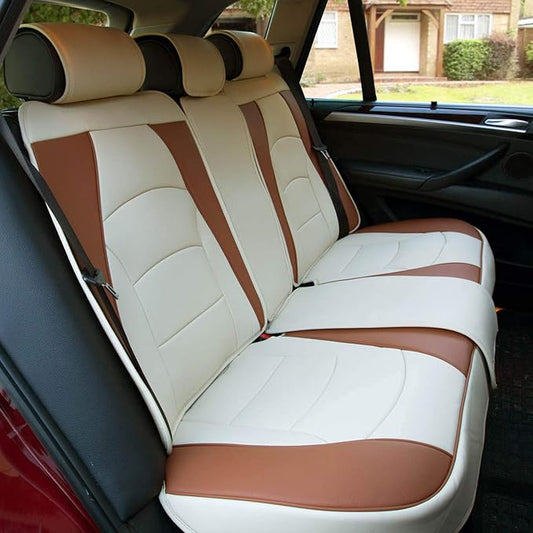 FH Group Car Seat Cover for Back Seat Beige Brown Faux Leather - Universal Fit, Rear Seat Covers for Cars with Rear Split Bench, Car Seat Cushions, Car Interior Accessories for SUV, Sedan, Van