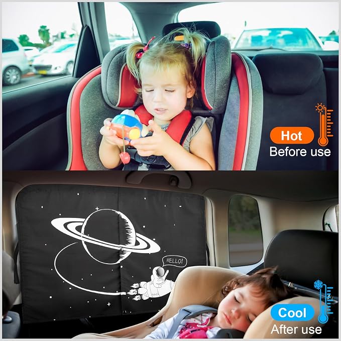 Magnetic Car Window Shades, 2 Packs Car Sun Shades for Baby, 2 Layers for Blackout/See Through Options Space Pattern Side Window Curtain for Kids Heat/UV Blocker