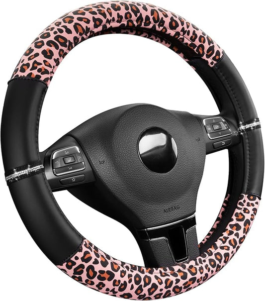 Road Comforts Leopard Steering Wheel Cover for Women, Cute Anti-Slip Microfiber Leather, Fits 14.5-15 Inch Steering Wheel 14.5-15 Inch - Black and Pink Cheetah
