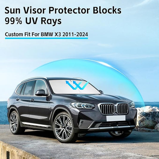 Windshield Sun Shade for BMW X3 2011-2024 Sunshade 300T Windshield Cover Shield Protector Blocks UV Rays Custom Fit X3 Front Window Shades Windshield Accessories Keep Cool Foldable