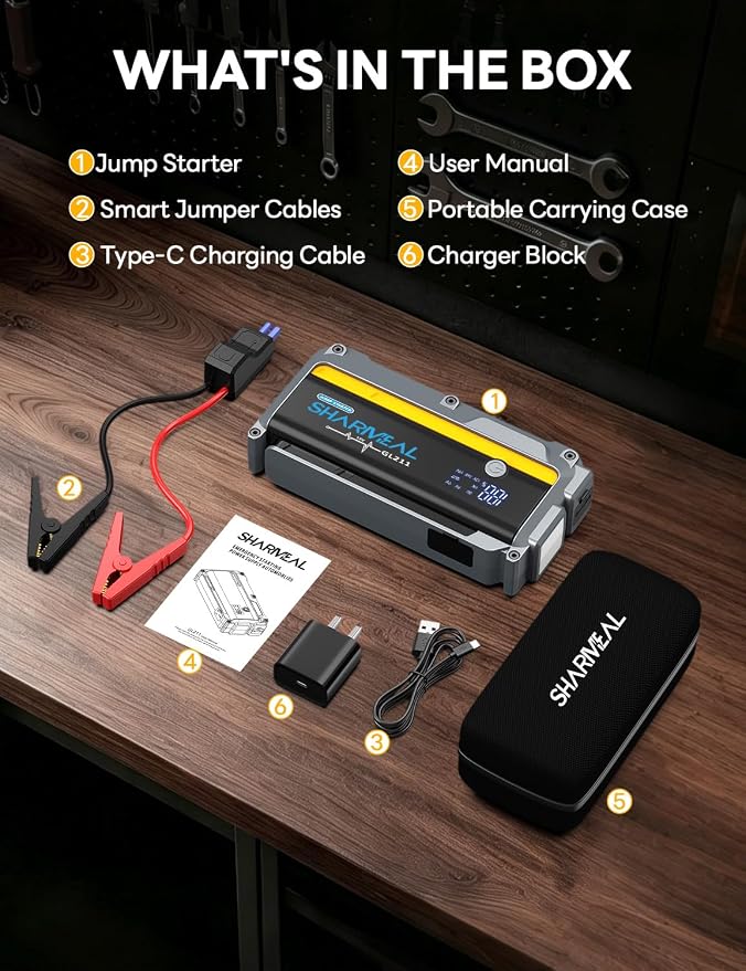 Sharmeal 6000A Car Battery Jump Starter Up to All Gas & 10.0L Diesel Engine, Car Battery Jumper Starter Portable 12V Jump Box with USB Output, Storage Case, LED Flashlight