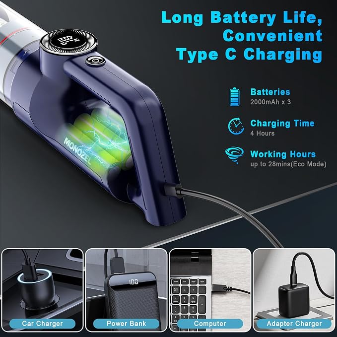 MONOZEL Handheld Vacuum Cordless - Car Vacuum Cleaner with Brushless Motor, 15kPa Powerful Suction Vacuum with LED Light, Type C Port, 2 Fliters, Portable Hand Vacuum for Home, Pet and Car