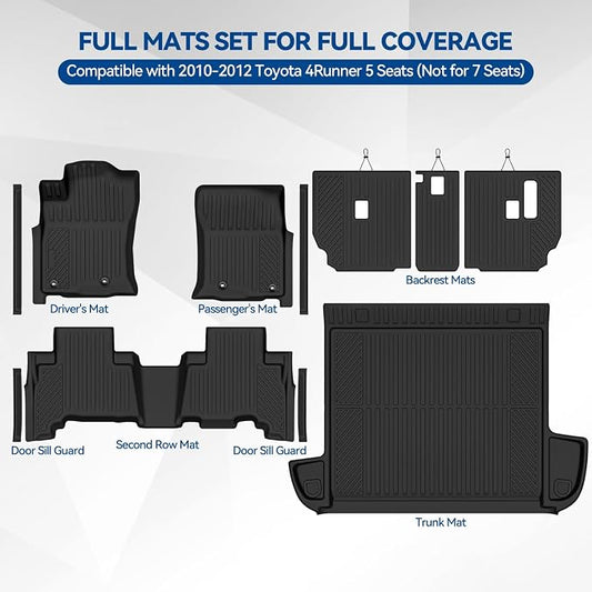 Custom Fit Floor Mats for 2010-2012 Toyota 4Runner 5 Seats (Not for 7 Seats), All Weather TPE Floor Liners & Trunk Mat & Backrest Mats & Door Sill Guard, Odorless Full Set Interior Accessories