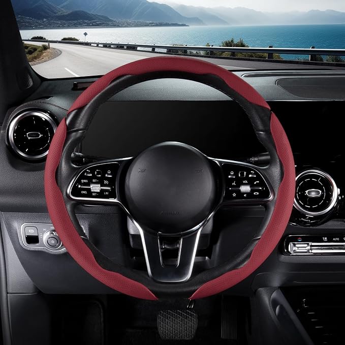 Nappa Leather Car Steering Wheel Cover for Men Women, Ultra-Thin Non-Slip Breathable Microfibre, Universal for 14.5"-15" Steering Wheel - Wine Red