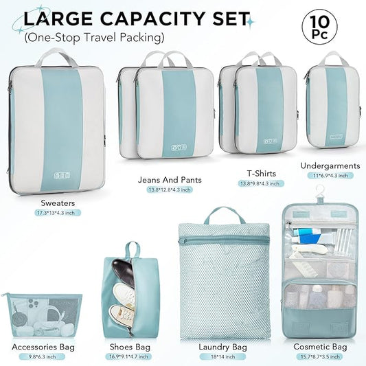 OlarHike 10-Pack Compression Packing Cubes for Travel Essentials,Compressible Expandable Packing Cubes for Suitcase,Luggage Garment Bags for Travel,Handy Helper for Organizing Clothes(Blue Gray)
