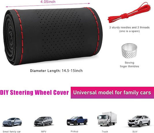 Ziciner Genuine Leather Steering Wheel Cover, Stitch on Wrap, Breathable Anti-Slip Car Steering Wheel Protector for Max Diameter 15 Inch, DIY Sewing with Needles Thread (Black/Red Line, Middle Hole)