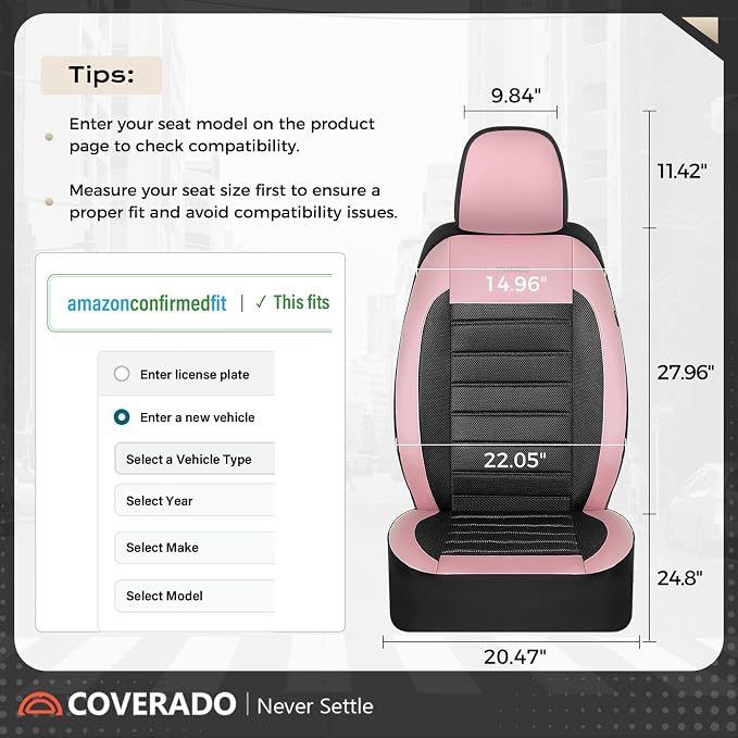 Coverado Car Seat Covers Full Set, Luxury Leather Car Seat Covers, Automotive Front and Rear Mesh Seat Covers, Full Set 5 Seats, Pink Black Seat Covers for SUV Sedan Truck