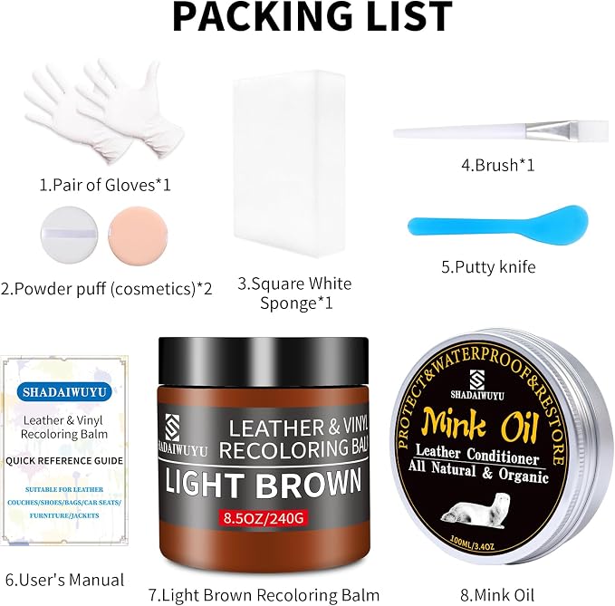 SHADAIWUYU 8.5oz Leather Recoloring Balm with 100ml Mink Oil,Light Brown Leather Repair kit for Furniture and Car Interior,Leather Couch Scratch Repair,Leather Dye Paint,Mink Oil for Leather