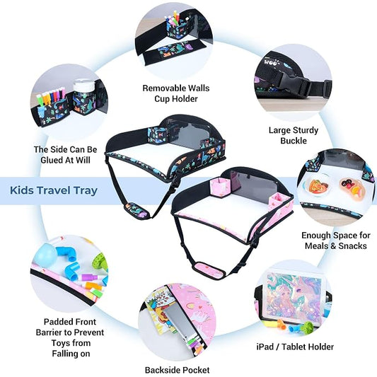 COOLBEBE Kids Travel Tray for Toddler Car Seat, 2PCS Travel Tray for Airplane, Lap Tray, Carseat Table Tray for Kids Travel Activities, Dinosaur & Pink Unicorn