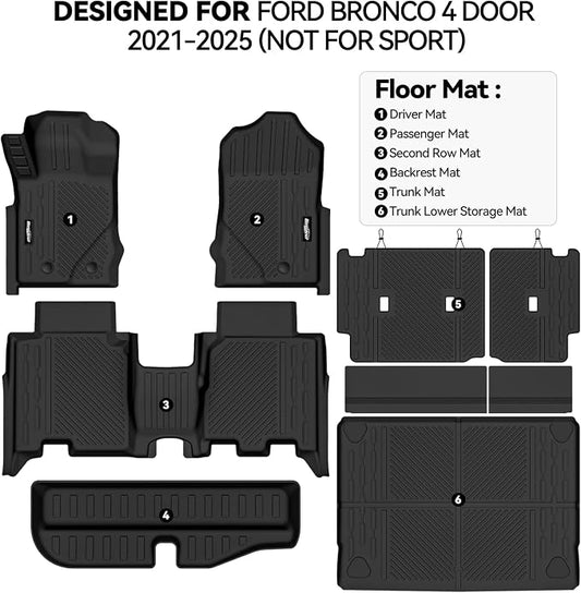 Floor Mats for Ford Bronco 4 Door 2021-2025, Trunk Mat with Trunk Lower Storage Mat and Backrest Mat All Weather TPE Protector for Ford Bronco 4 Door Accessories Floor Liner
