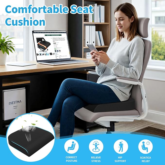 TranquilRelax Large Seat Cushion, Memory Foam Cushion for Long Sitting Hours on Office Chair, Car Seat, Non-Slip Chair Pad for Sciatica, Coccyx, Tailbone Pain Relief & Post-Surgery Recovery (Black)