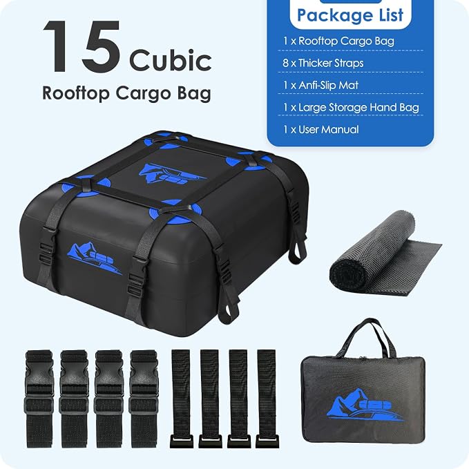 Car Rooftop Cargo Carrier Bag 15 Cubic Feet, 100% Waterproof Heavy Duty Car Roof Bag for All Vehicle with/Without Racks - Anti-Slip Mat, 4 Door Hooks, Storage Bags, 4PCS 3.8CM Straps(Blue)