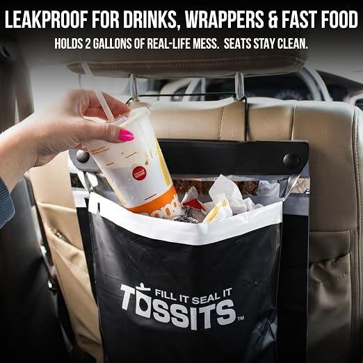 Tossits Recycled Disposable Car Trash Bags – Leakproof, Smell Proof Hanging Garbage Bags for Car, Truck, SUV, RV & Vehicle – Black, 42 Count Disposable Automotive Trash Bags