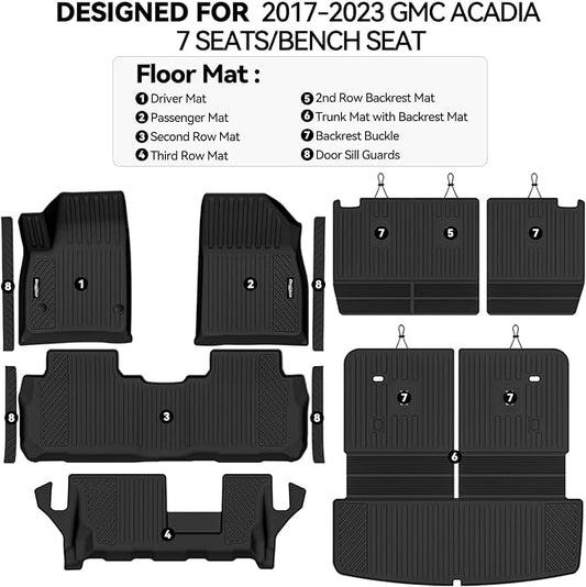 Floor Mats for 2017-2023 GMC Acadia 7 Seats with 2nd Row Bench Seat, Trunk Mat and Backrest Mat & Door Sill Guard All Weather TPE Protector for GMC Acadia Accessories