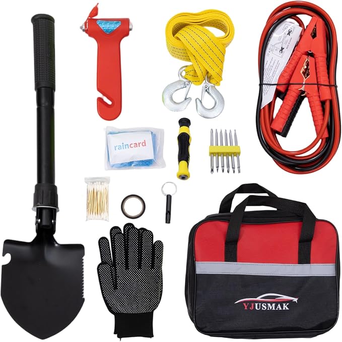 Car Roadside Emergency Kit with Jumper Cables, Tow Rope, Folding Shovel, Auto Vehicle Truck Safety Emergency Road Side Assistance Kits for Men, Women, Teenagers