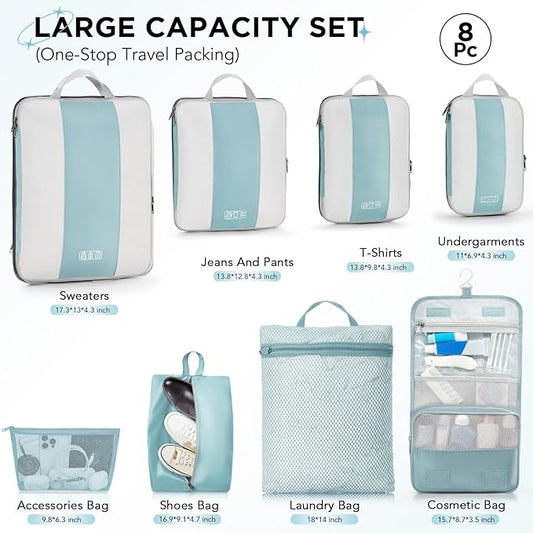 OlarHike 8 Set Compression Packing Cubes for Travel Essentials,Compressible Expandable Space Saver Bags for Organizing Clothes,Luggage Suitcase Garment Bags with Over 1000 pcs Mesh Holes(Blue Gray)