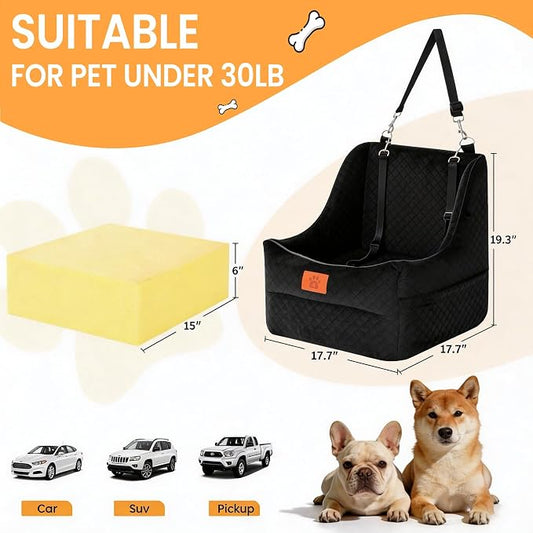 Dog Booster Car Seat for Small to Medium Dogs Up to 35 lbs, Elevated Pet Car Seat with 2 Safety Belts, Detachable Washable Cover, Non-Slip Stable Base, Front/Back Seat Travel Booster