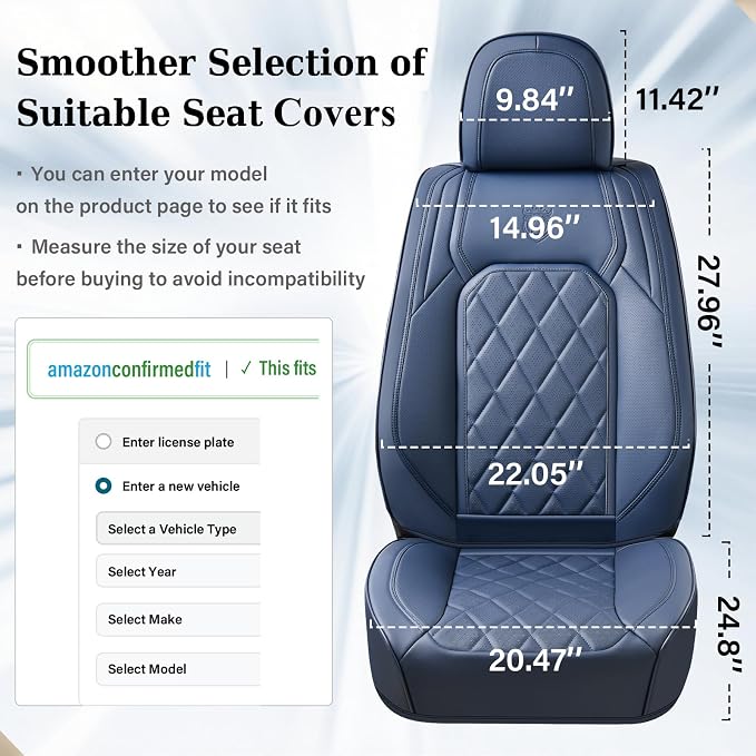 Coverado Car Seat Covers, Front Seat Cover, 2 Pack Luxury Faux Leather Seat Covers for Cars, Waterproof Car Seat Protector, Blue Car Seat Cover, Universal Car Seat Protectors Fit for Most Cars
