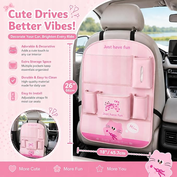 YUNZLAN Leather Backseat Car Organizer, Kick Mats Back Seat Protector with Touch Screen Tablet Holder Back Seat Organizer for Kids with 4 Storage Pockets Travel Accessories (PinkPinkCat)