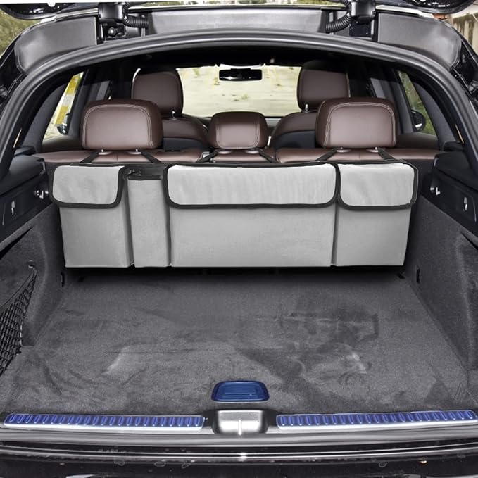 AUCELI Car Trunk Organizer, Backseat Hanging Large Storage with Adjustable Straps, Waterproof Collapsible Cargo Bag with 4 Pockets, Sturdy Space Saver Frees Trunk Floor for SUV, Truck, MPV
