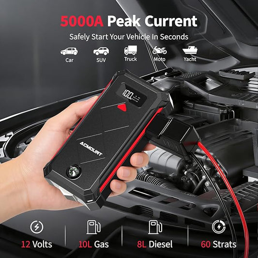 Acmount P100 Car Jump Starter, 5000A Peak Lithium Jump Starter Battery Pack for Up to 10.0L Gas or 8.0L Diesel Engine, Safe 12V Portable Battery Starter Power Pack with LED Screen & LED Light