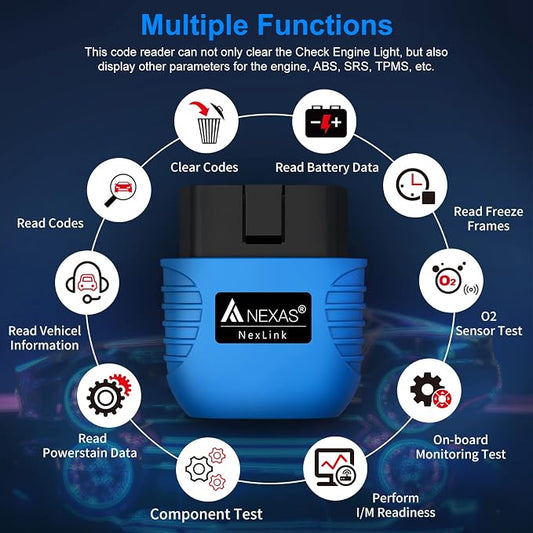 NEXAS NexLINK Bluetooth OBD2 Scanner for Car - Check Engine Light Code Reader with Live Data & Performance Test, Wireless Diagnostic Scan Tool with Resets for All US Vehicles, Works with iOS Android