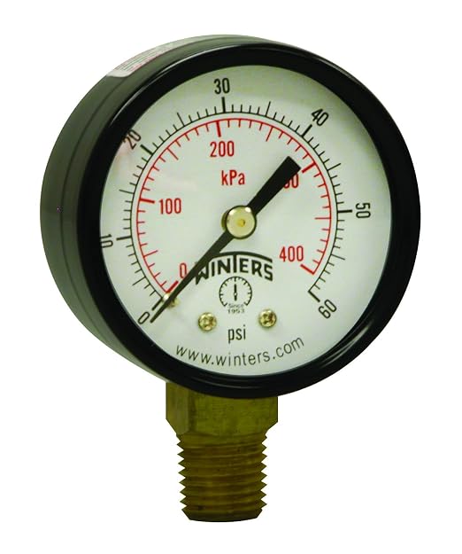 Winters 2 inch Dial Size, Multi Function Economy Utility Dry Pressure Gauge, Brass Internals, Black Steel Case, Dual Scale 0-60 psi/kPa, 3-2-3% Accuracy, 1/4 inch NPT Bottom Mount, Pressure Gauge