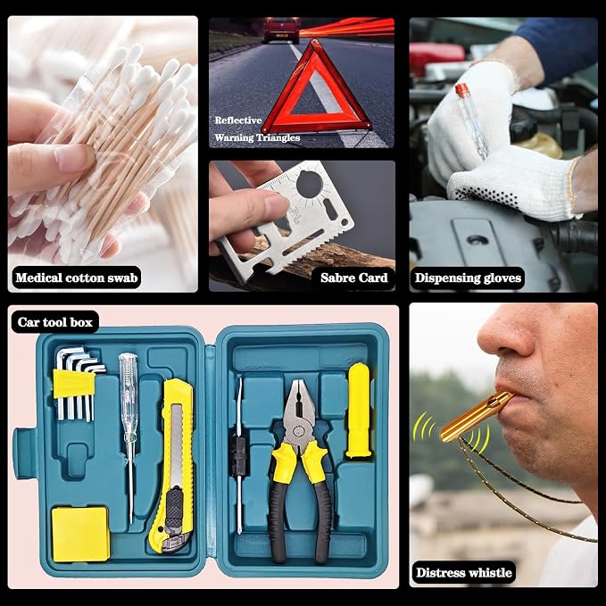 Emergency Roadside Kit with Jumper Cables Kit for Car, Safety Car Kits | Car Emergency Kit High Power Handheld Vacuum, Warning Triangle, Safety Hammer, Tow Rope, Gifts for New Drivers