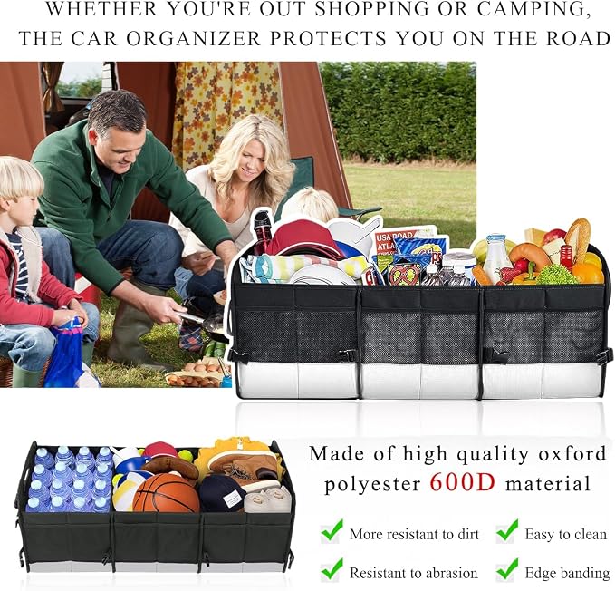 povtii Large Organizer for Car, 95L Stretchable Storage Trunk Organizer with Divided Compartments, Fixed Big Trunk Organizer with Handles & Adjustable Straps, Car Accessories (Black & Gray)