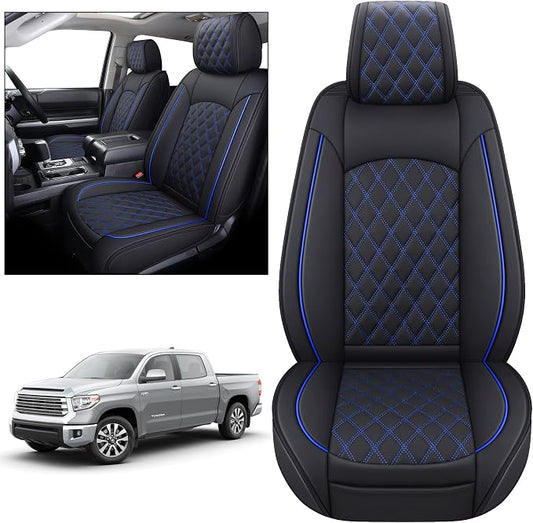 YIERTAI Truck Seat Covers Compatible with Toyota Tundra for 2008-2025 2026 Tundra Crewmax SR5 Limited Double Cab Crew Extended Cab Waterproof Leather Seats Protectors(2 PCS Front only/Black-Blue)