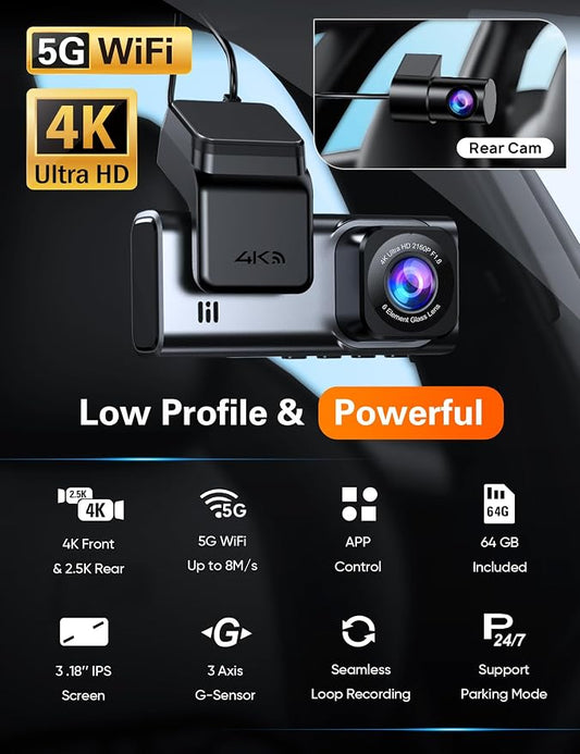 Navycrest 4K+2.5K WiFi Dash Cam Front and Rear, Built-in 5G WiFi, Free 64GB Card, Dash Camera for Cars, Dual Dashcam, G-Sensor, 24/7 Parking Mode, 3'' IPS Screen, Loop Recording, WDR Silver