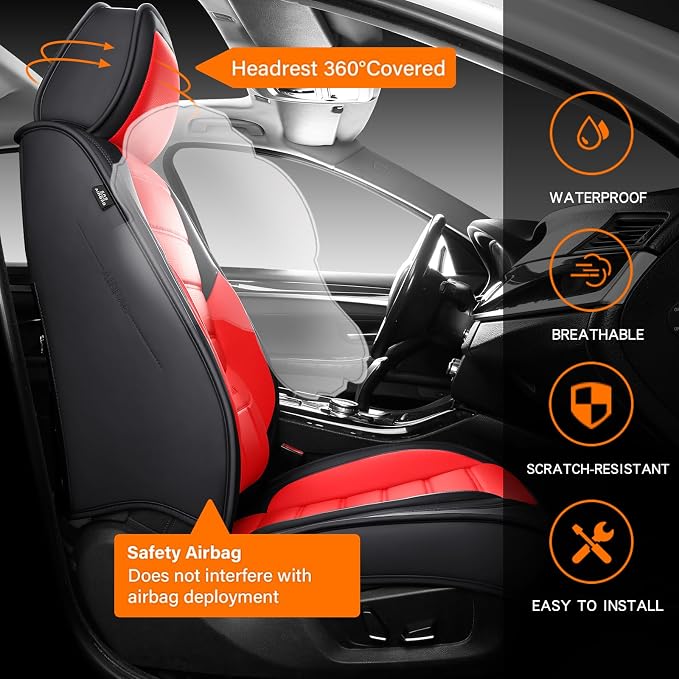 MINGBRON Front Car Seat Covers, Leather Car Seat Covers, Fit for Most Cars SUV and Most Sedan Red