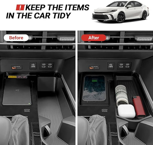 2PCS Wireless Charging Anti-Slip Mat & Center Console Organizer Compatible with Toyota 2025 2026 Camry Accessories Silicone & ABS Plastic Material Console Secondary Storage Box