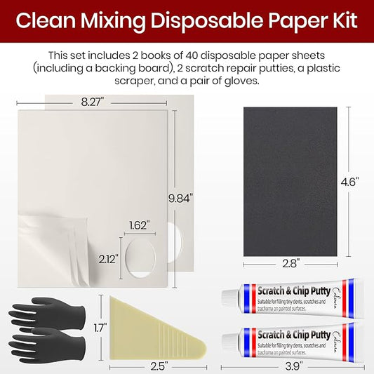 Calvana Clean Mixing Disposable Paper Kit for Body Fillers, Fiberglass, Resins, Putties, Touch-Up Paint, Includes 2 Scratch Repair Putties, Plastic Scraper, Gloves, 8.27 x 9.84 in, 80 Sheets Total