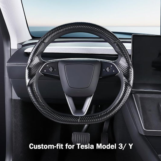 Steering Wheel Cover for Tesla Model 3 2024-Present Highland/Tesla Model Y Juniper 2025-Present, Carbon Fiber Steering Wheel Cover for Tesla Model 3 Highland/Y Juniper Accessories, Matte Black