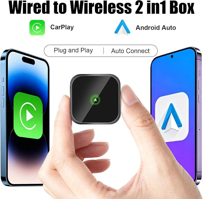 2-in-1 Mini Wireless CarPlay Adapter for Apple iPhone & Android Auto Adapter,2025 Upgrade Wired to Wireless,Plug & Play, Fast Stable Connection Car Play for iOS 10+/Android 11+,USB-A/Type-C Cable