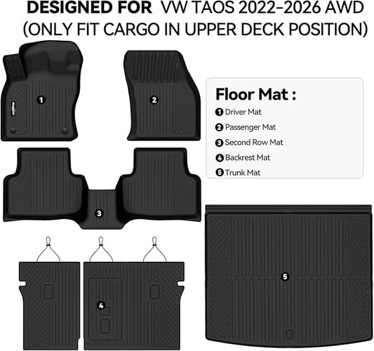 Floor Mats for VW Taos 2022-2026 AWD(Only Fit Cargo in Upper Deck Position), Trunk Mat and Backrest Mat All Weather TPE Protector for Volkswagen TAOS Accessories