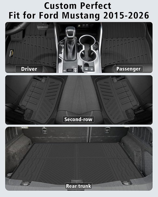 Floor Mats & Cargo Liner Custom Fit for Ford Mustang 2026 2025 2015-2024 (NOT for Mach-E) All Weather TPE Rubber 1st & 2nd Floor Liners Automotive Trunk Mat for Mustang 2025 Accessories, Black