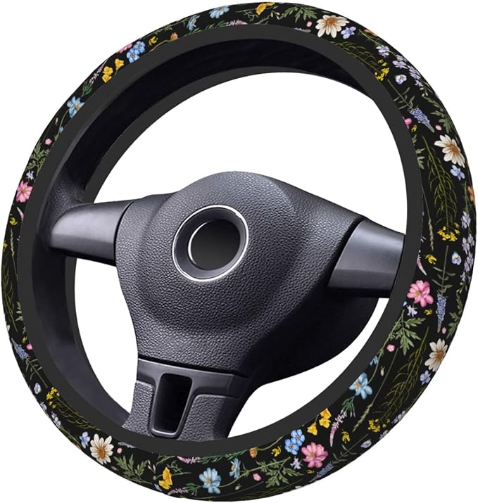 Cute Wildflower Steering Wheel Cover for Women, Universal Auto Steering Wheel 14-15 Inch Car Interior Accessories with 2PCS Car Coasters, Suitable for Men and Women