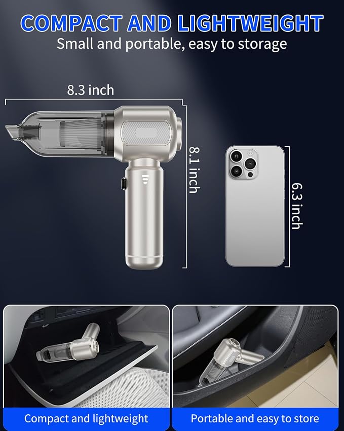 Handheld Vacuum Cordless, 16000Pa Strong Suction Car Vacuum Cleaner Rechargeable, 2-in-1 Blow & Suction, 140W High Power Hand Vacuum for Car, Desk, Keyboards, Pet Hair