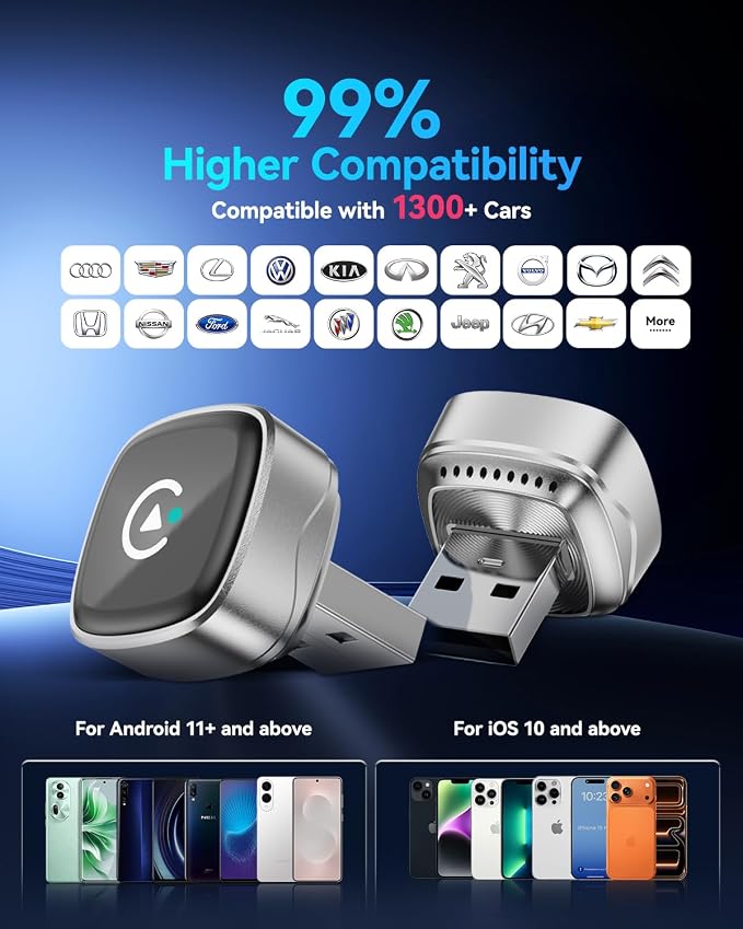 2026 Ultra Mini Wireless Carplay Adapter for iPhone & Android Auto, USB for Apple Car Play Dongle Plug & Play for iOS 10+ & Android 10+, Auto-Reconnect, Stable & No Lag (Sliver)