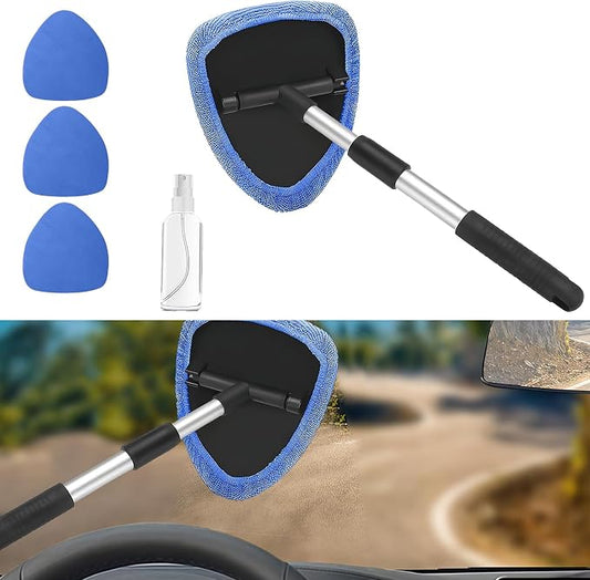 Car Window Cleaner, Car Cleanser Brush, Car Accessories Car Cleaning Supplies Tools, Car Cleaning Kit with Extendable Handle, Microfiber Cloth, Spray Bottle, Fits All Cars (Blue)