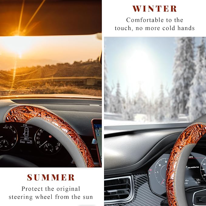 Leather Car Steering Wheel Cover, 15" Crocodile Pattern Anti Slip Car Wheel Wrap with Rose Grain, Four Seasons Universal Auto Steering Wheel Protector for Cars Trucks SUVs (Brown & Gray)