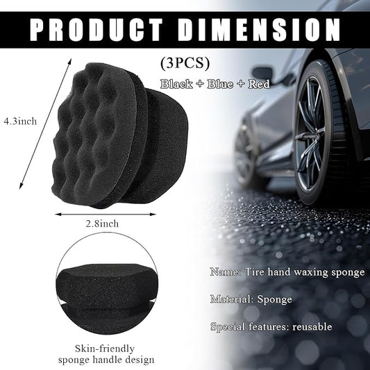 KVAEY 3 PCS Tire Dressing Applicator Pads, Reusable Hex Grip Tire Shine Applicator Polishing Sponge Pads, Wheel Tire Shine Detailing Foam for Most Vehicles, Car Accessories (Black+Blue+Red, 4.33")