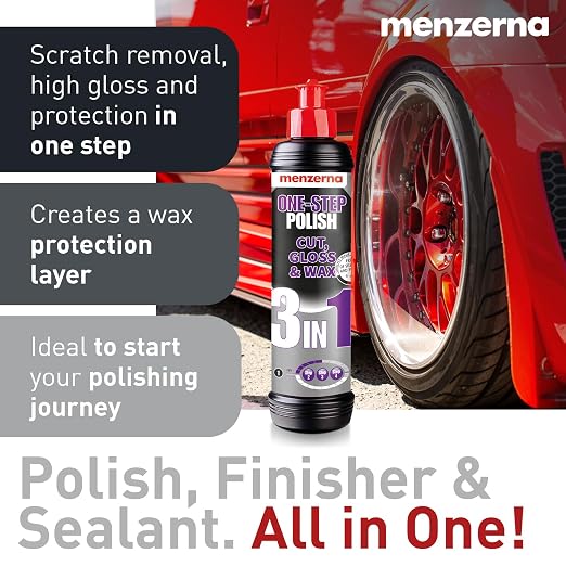 menzerna 3in1 Polishing Set – One-Step Polish (8oz) + Drill Machine Adapter + Medium Cut Pad | Polish Your Car with a Cordless Drill
