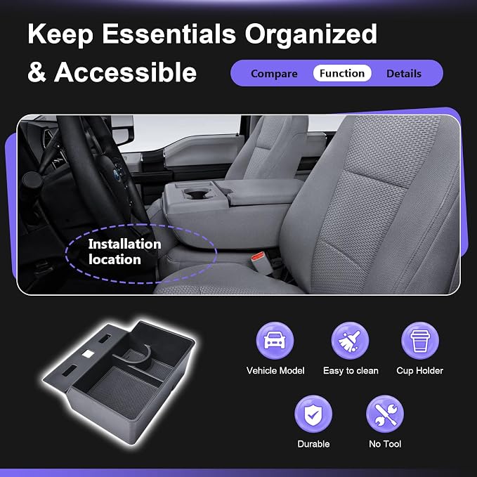 RUNROAD Center Console Organizer Tray Compatible with 2015-2026 Ford F150 and 2017-2026 F250 F350 F450 Accessories, Underseat Storage Organizer Insert Armrest Tray Cup Holder (40/20/40 Jump Seat ONLY)