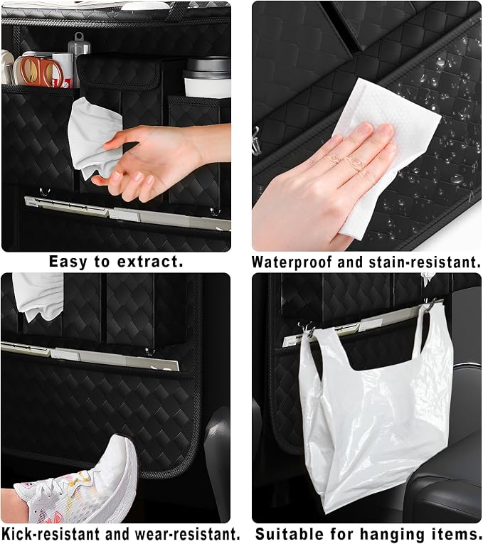 GMQ Back Seat Car Organizer 1 Pack,Backseat Organizer with Tray,Multifunctional Car Seat Back Storage Box with Foldable Tablet Holder (Black, Weave)
