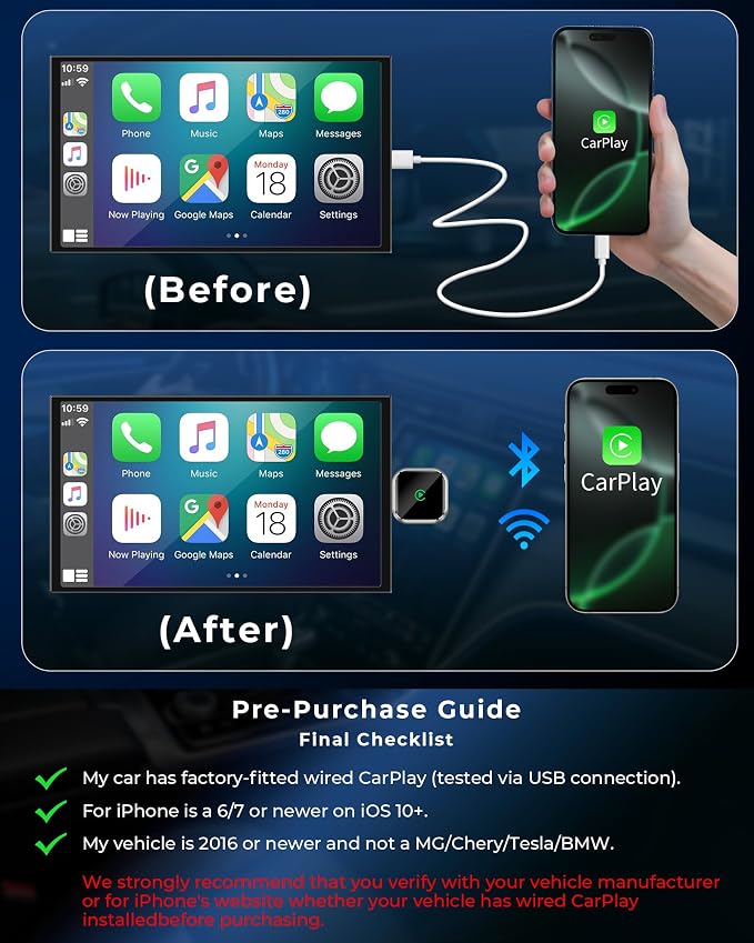 Wireless CarPlay Adapter for Apple iPhone - Upgrade Wired CarPlay to Wireless Device, Mini T-Shaped for Car USB Plug and Play Auto Reconnect, for GPS Navigation Audio Satellite Radio Equipment