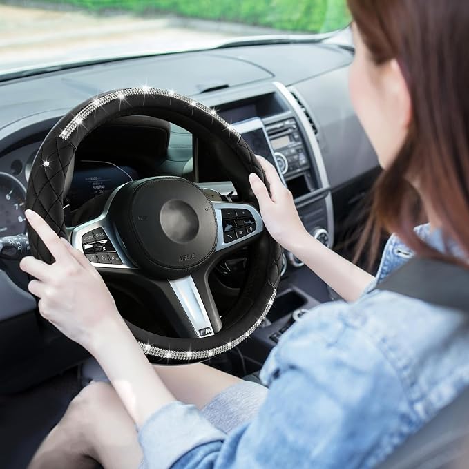 Steering Wheel Cover,with Sparkly Crystal Rhinestone, Delicate and Anti-Slip Bling Steering Wheel Cover ,Adaptable to 14.5-15 inches Car Wheel Protector for Women Girl,Diamond Car Accessories, Black