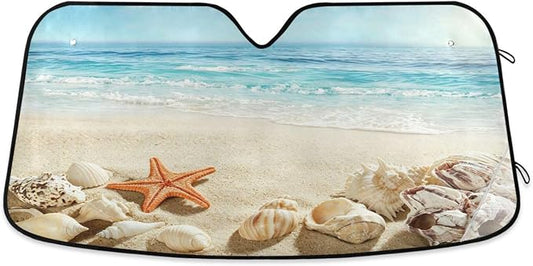 Summer Beach Starfish Seashell Windshield Sun Shade for Car Auto SUV Truck Foldable Front Window Sunshade Sun Visor Protector Block UV Rays Reflect Heat, 55" x 28"